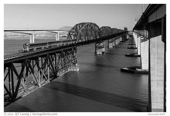 Benicia-Martinez bridges over Carquinez Strait. Martinez, California, USA (black and white)