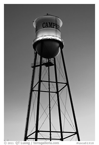 Water tower at dusk, Campbell. California, USA (black and white)