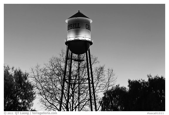 Campbell Water Tower at dusk, Campbell. California, USA (black and white)