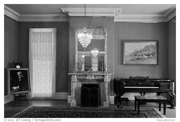 Piano room, John Muir Home, John Muir National Historic Site. Martinez, California, USA (black and white)