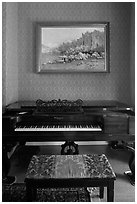 Piano and landscape painting, John Muir Home, John Muir National Historic Site. Martinez, California, USA (black and white)