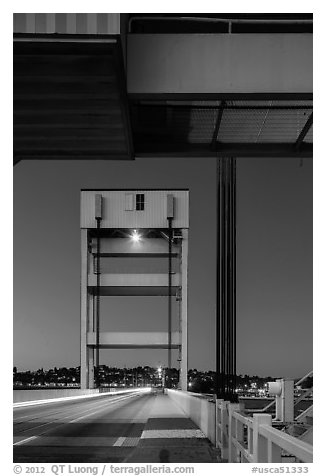 Bridge at dusk, Mare Island causeway, Vallejo. San Pablo Bay, California, USA (black and white)