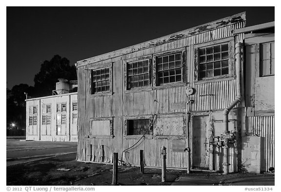 Mare Island naval shipyard at night, Vallejo. San Pablo Bay, California, USA (black and white)