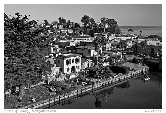 Houses bordering Soquel Creek from above. Capitola, California, USA (black and white)