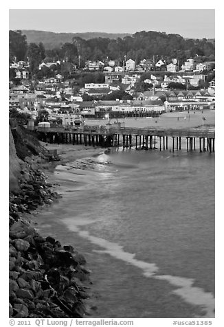 Fishing Pier and village at dusk. Capitola, California, USA (black and white)