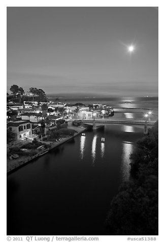 Moon rising over Soquel Creek and Ocean. Capitola, California, USA (black and white)