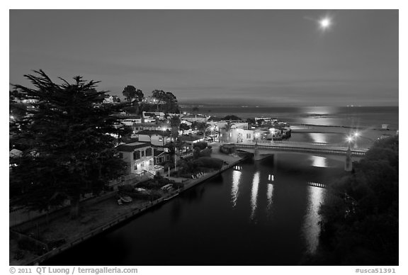 Capitola village, Soquel Creek and moon. Capitola, California, USA