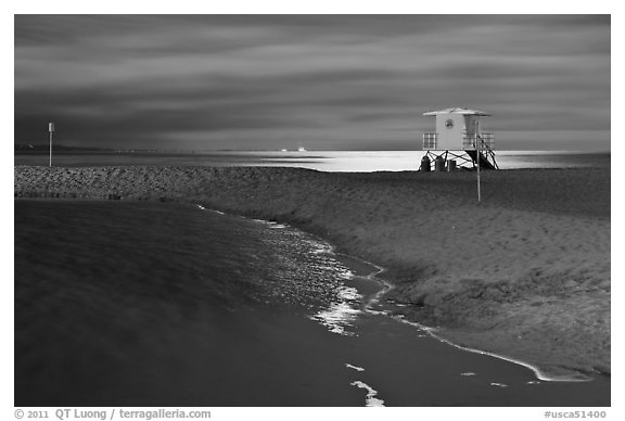 Beach, lifeguard hut and moonlight. Capitola, California, USA