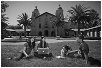 Students on lawn. Stanford University, California, USA (black and white)