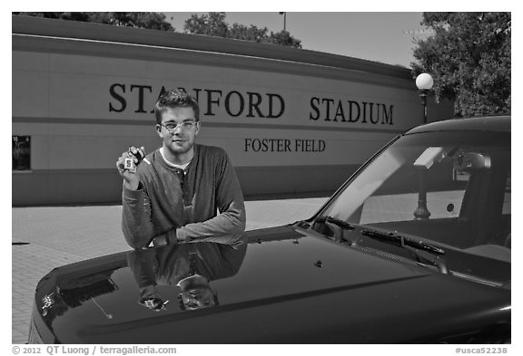 Student showing car keys. Stanford University, California, USA