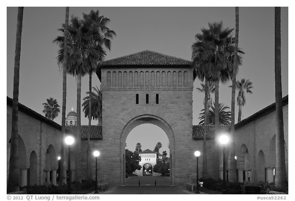 Gates at dusk, Main Quad. Stanford University, California, USA (black and white)