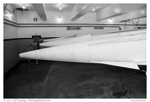 Tips of nuclear-armed Nike missiles. California, USA (black and white)