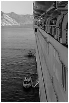 View from cruise ship anchored off island coast, Catalina. California, USA (black and white)