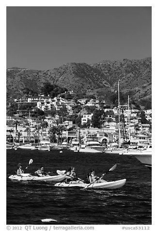 Sea kayaking in Avalon harbor, Catalina Island. California, USA (black and white)