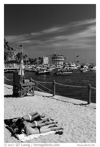 Women sunning on beach near harbor, Avalon, Catalina. California, USA (black and white)