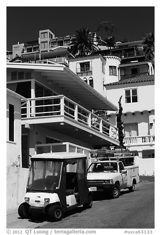 Golf cart and hillside houses, Avalon, Santa Catalina Island. California, USA (black and white)