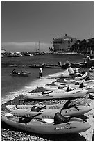 Sea kayaks and casino, Avalon Bay, Catalina Island. California, USA (black and white)