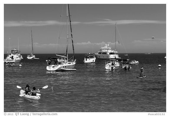 Recreational activities on water, Avalon, Santa Catalina Island. California, USA (black and white)