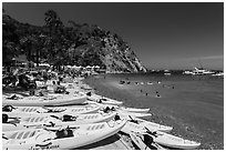 Descanson beach and sea kayaks, Avalon, Santa Catalina Island. California, USA ( black and white)
