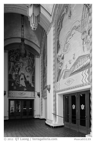 Casino lobby with large frescoes, Catalina Island. California, USA (black and white)