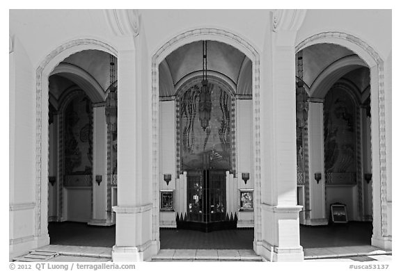 Catalina Casino entrance in Art Deco and Mediterranean Revival, Avalon, Catalina. California, USA (black and white)