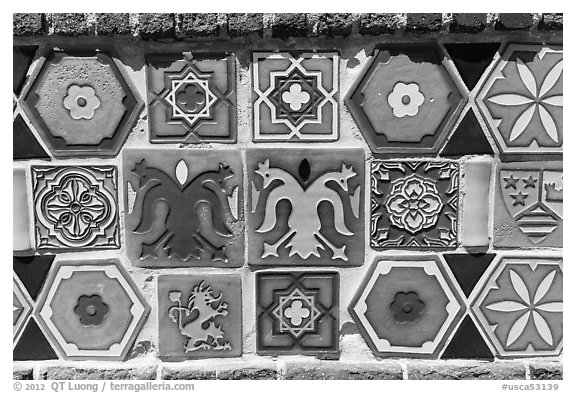 Ceramics on fountain, Avalon Bay, Catalina Island. California, USA