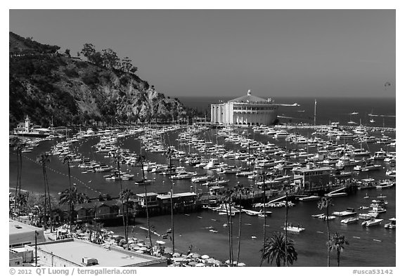 Beach, Pier, harbor, and casino from above, Avalon, Catalina. California, USA (black and white)