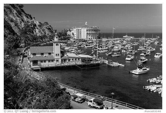 Yacht club, harbor, and Casino, Avalon, Catalina Island. California, USA (black and white)