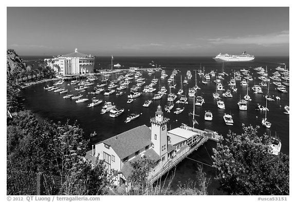 Yacht club, casino, harbor and cruise ship, Avalon, Catalina. California, USA (black and white)