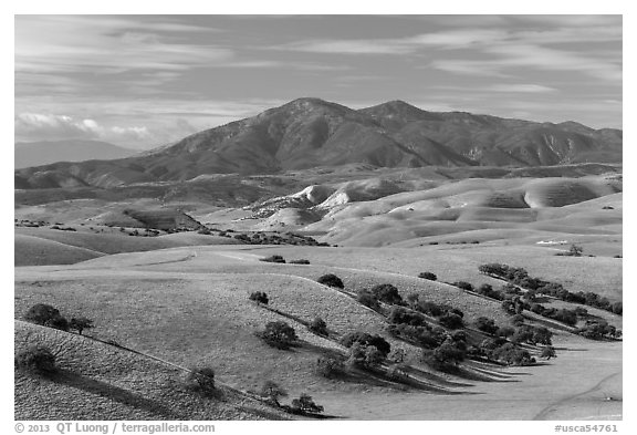 Gabilan Mountains raising above hills. California, USA (black and white)