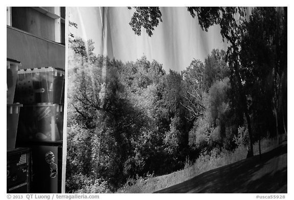 Nature decor and boxes of gear, Paramount Pictures Studios. Hollywood, Los Angeles, California, USA (black and white)