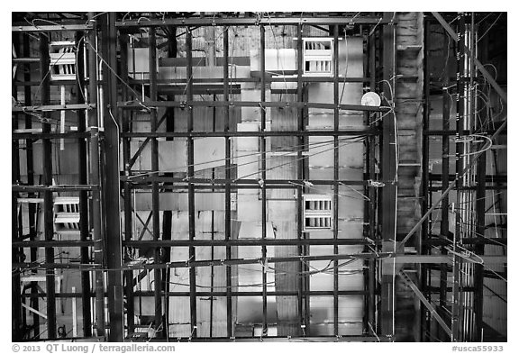 Ceiling of sound stage, Paramount Pictures Studios. Hollywood, Los Angeles, California, USA (black and white)