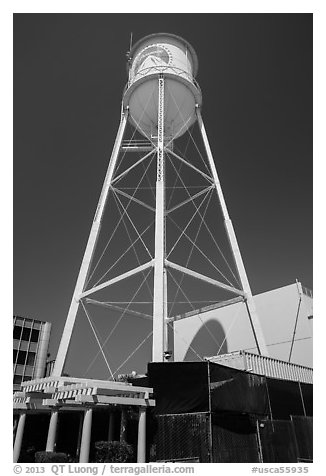 Water tower, Paramount Pictures lot. Hollywood, Los Angeles, California, USA (black and white)