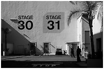 Shadows outside the sound stages, Studios at Paramount lot. Hollywood, Los Angeles, California, USA (black and white)