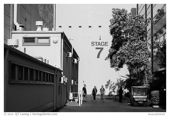 Outside huge stage buildings, Studios at Paramount. Hollywood, Los Angeles, California, USA