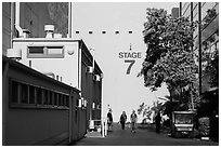 Outside huge stage buildings, Studios at Paramount. Hollywood, Los Angeles, California, USA ( black and white)