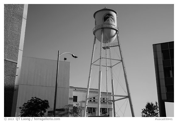 Water tower, old and new buildings, Studios at Paramount. Hollywood, Los Angeles, California, USA (black and white)