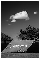 34th Americas cup sign, trees, and clouds. San Francisco, California, USA (black and white)