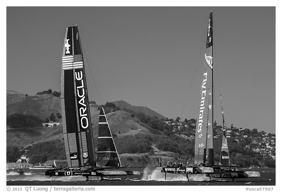 USA and New Zealand boats foiling at 40 knots during final race of America's cup. San Francisco, California, USA (black and white)