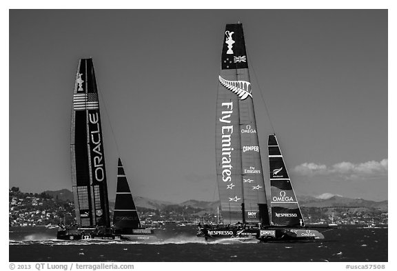 New Zealand boat leading USA boat on first downwind leg of decisive race. San Francisco, California, USA (black and white)