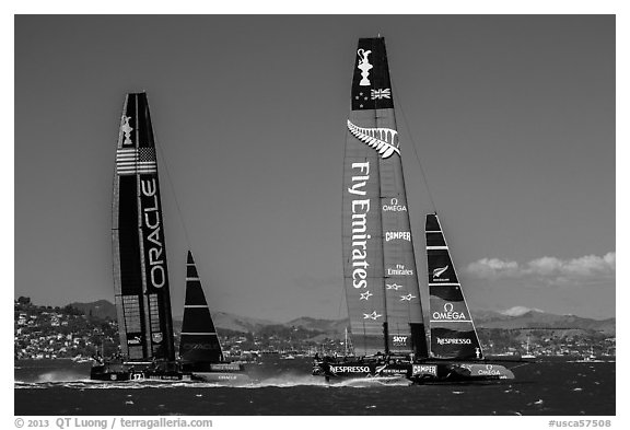 New Zealand boat leading USA boat on first downwind leg of decisive race. San Francisco, California, USA