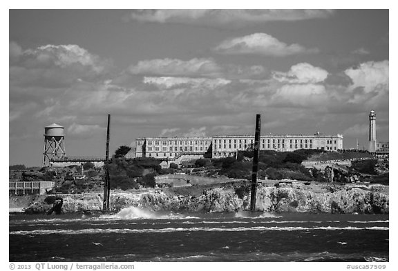 America's cup catamarans in front of Alcatraz Island. San Francisco, California, USA