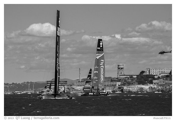 USA and New Zealand boats sailing upwind in front of Alcatraz Island. San Francisco, California, USA