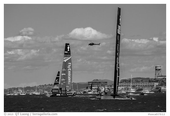 USA boat gaining on New Zealand boat during upwind leg of America's cup decisive race. San Francisco, California, USA (black and white)