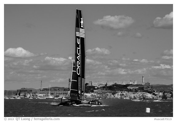 Oracle Team USA AC72 America's cup boat and Alcatraz Island. San Francisco, California, USA (black and white)