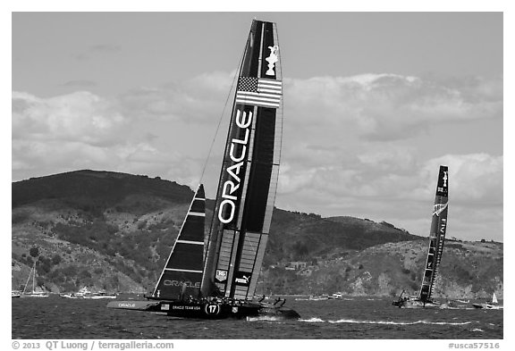 USA boat leading New Zealand boat during upwind leg of America's cup final race. San Francisco, California, USA (black and white)