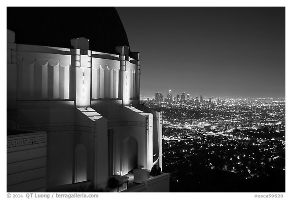 Griffith Observatory and downtown skyline at night. Los Angeles, California, USA (black and white)