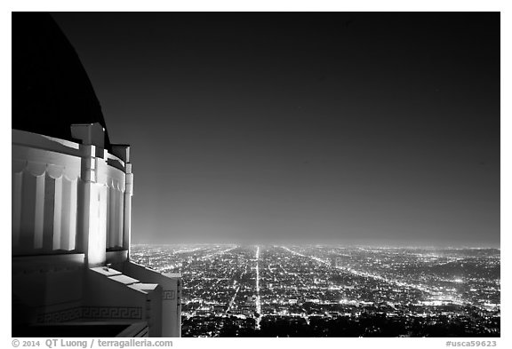 Griffith Observatory and street lights at night. Los Angeles, California, USA (black and white)