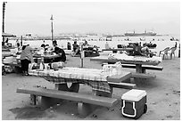 Picnic tables on beach, San Pedro. Los Angeles, California, USA ( black and white)