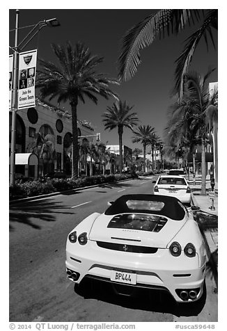 Ferrari car parked on Rodeo Drive. Beverly Hills, Los Angeles, California, USA (black and white)